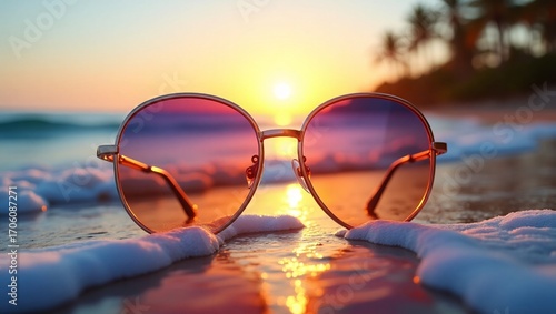 Wallpaper Mural Sunglasses on a beach at sunset, reflecting the colorful sky and sea. Torontodigital.ca
