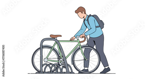 Young man with a backpack parking his green bicycle in a metal bike rack.