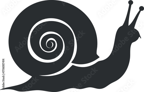 A minimalist silhouette of a snail featuring a spiral shell and smooth body.