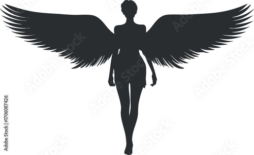 A stylized silhouette of a figure with large wings, symbolizing freedom and grace.