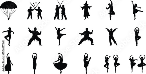 Silhouette collection of dancers, martial artists, parachutist, and performers in various poses for vector illustration, movement, sports, and artistic design themes