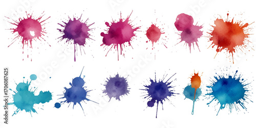 Vibrant Watercolor Splatter Art Collection. collection of colorful watercolor splatter designs on a white background.