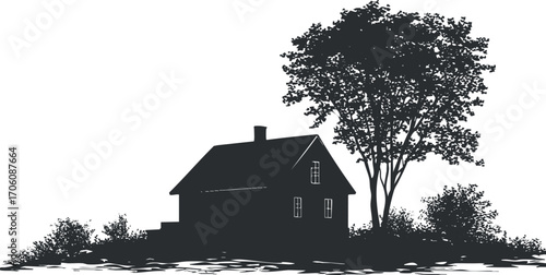 A silhouette of a house beside a tree against a white background showcasing rural tranquility.