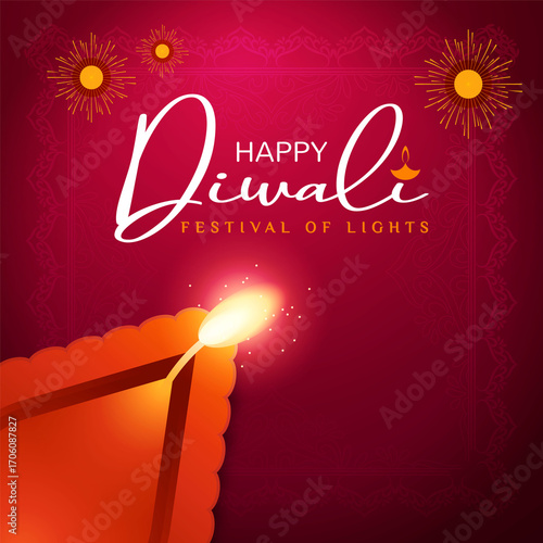 Happy Diwali celebration with a glowing diya lamp, fireworks, and rangoli design on a pink background, wishing you a joyous and prosperous festival of lights