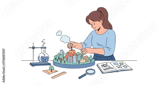 Young woman creating a volcano city model for a science fair project.