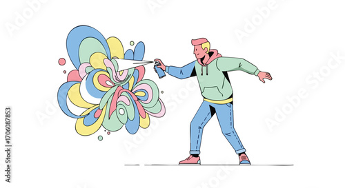 Young street artist in a hoodie creating colorful abstract graffiti with a spray can.