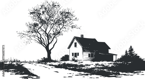 A serene black and white illustration of a tree and a house in a rural landscape.