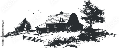 A tranquil silhouette of a barn and trees set in a peaceful countryside landscape.