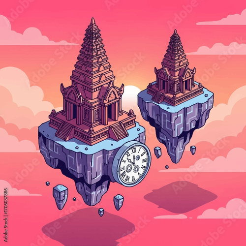 Isometric Floating Temples and Clock Surreal Vector Illustration