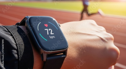 Smartwatch displaying heart rate on runner's wrist at track. Fitness tracking device for monitoring cardiovascular health during exercise. Wearable technology concept.