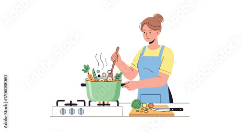 Young woman in a blue apron cooking a healthy vegetable soup on a gas stove.