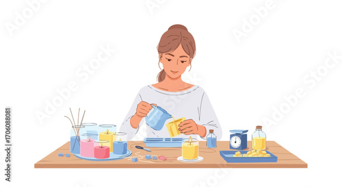 Young woman enjoying her hobby of making handmade scented candles pouring melted wax into a glass jar at her workshop table.