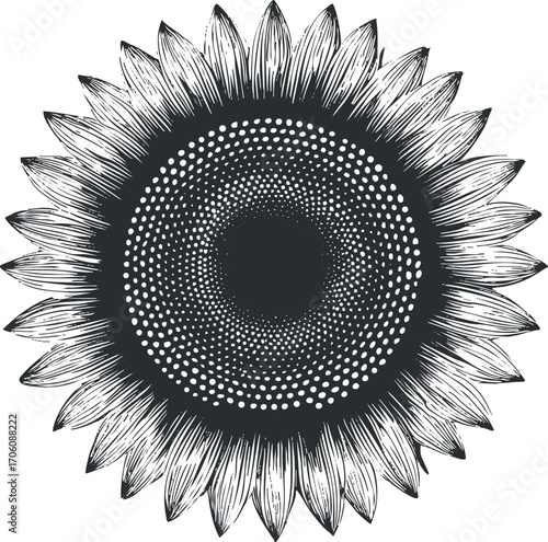 Detailed black and white illustration of a sunflower with intricate petals and seeds.