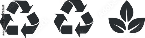 Set of recycling symbols and leaves representing sustainability and environmental conservation