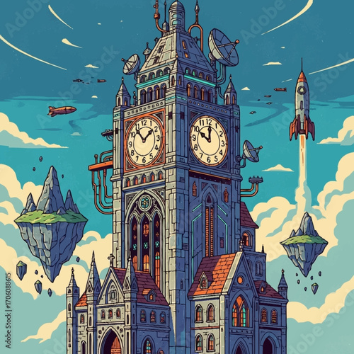 Steampunk Big Ben Futuristic London Clock Tower Illustration