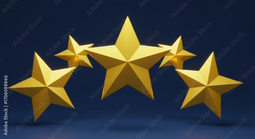 Obraz premium Five golden dimensional stars on dark blue background. Abstract rating concept for customer review, quality assessment, or award recognition.