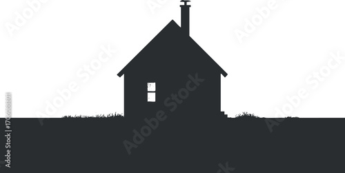 Silhouette of a simple house with a chimney and window against a white background.