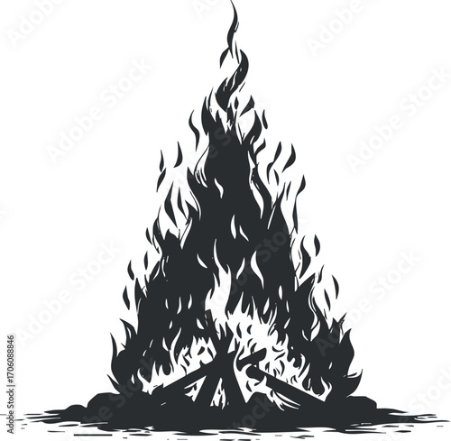 A stylized black silhouette of a campfire with flames and logs, perfect for outdoor themes.