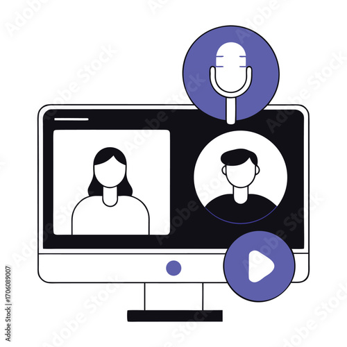 Vector art of computer screen displaying a video call with two participants and icons for microphone and play