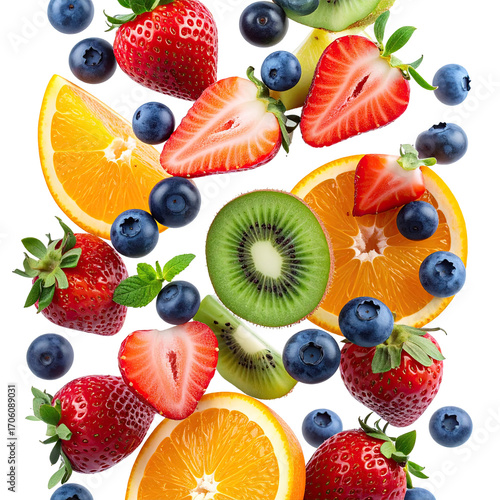Vibrant fruit explosion.  Fresh sliced fruits?strawberries, blueberries, kiwi, orange segments?in a dynamic vertical arrangement, appearing as if tossed in the air