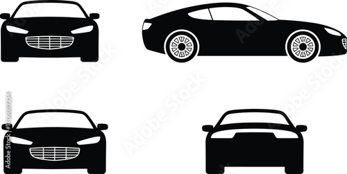  Sports car silhouettes, luxury car side and front views, sleek vehicle designs, automotive icons, modern racing car vector illustrations