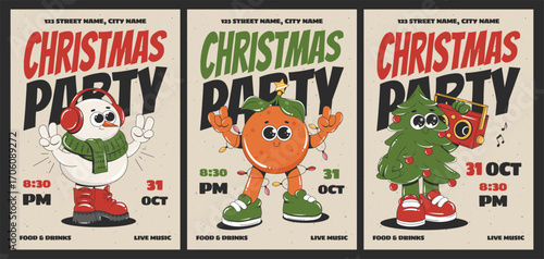 Groovy Christmas party invitation posters with retro cartoon characters. Christmas tree, Snowman, Tangerine. Flyer template design.