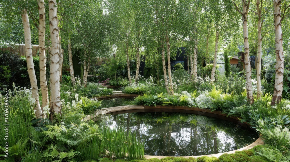 Fototapeta premium A serene garden features a circular pond surrounded by vibrant greenery and white birch trees, bathed in soft sunlight, creating a peaceful natural retreat.