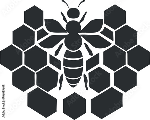 A stylized graphic of a bee over a honeycomb pattern emphasizing nature and pollination.