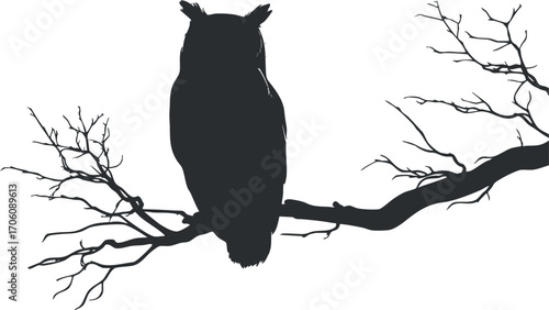 A striking silhouette of an owl perched on a branch against a white background.
