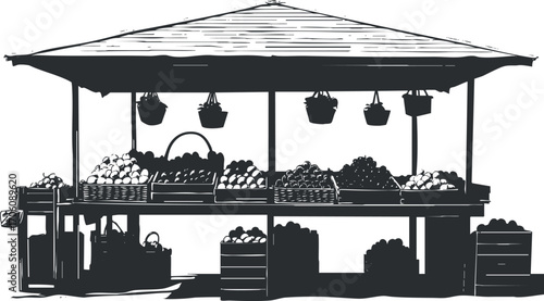 A rustic market stall displaying an abundance of fresh fruits and vegetables under a shaded roof.