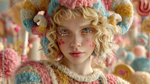 Fantasy portrait of a young woman surrounded by pastel sweets, featuring a whimsical, candy-themed hat and starry makeup.