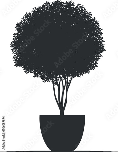A silhouette of a round bushy tree in a pot representing nature and greenery.