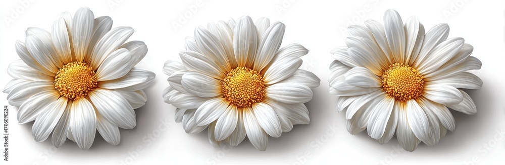 Obraz premium Three white daisies, each with a bright yellow center, arranged in a row on a white background, casting shadows
