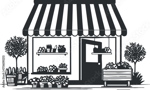 Illustration of a charming flower shop with a striped awning and potted plants outside.