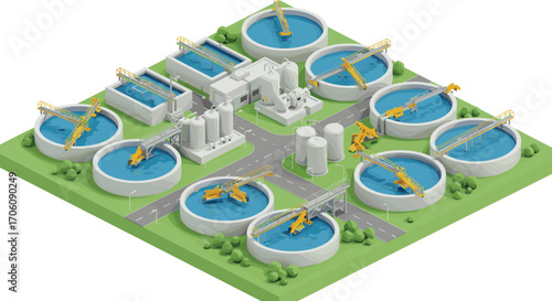 Industrial water treatment plant with multiple sedimentation tanks, wastewater recycling system, clean energy, 3D rendering, modern infrastructure, sustainability