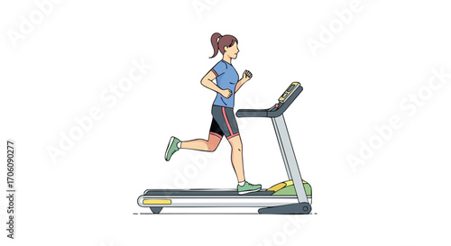Young woman in blue sportswear running on a treadmill for a cardio workout.