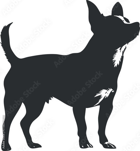 Silhouette of a standing dog with perked ears and a playful stance