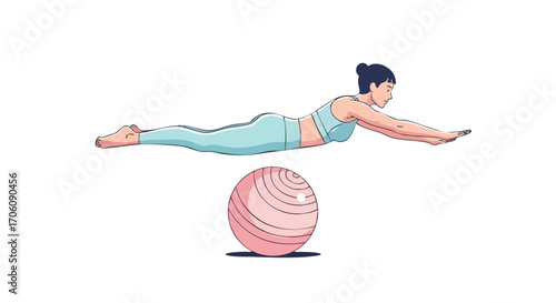 Young woman performing a back extension exercise on a pink pilates stability ball.