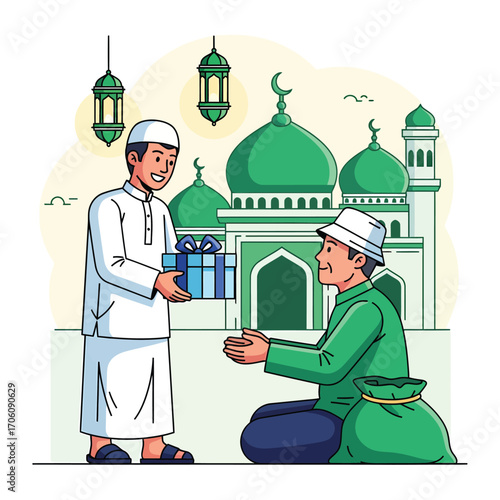 Muslim Man Giving Charity to a Needy Person Flat Design