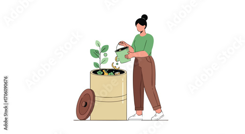 Young woman putting organic kitchen waste into a compost bin with a growing plant for recycling.