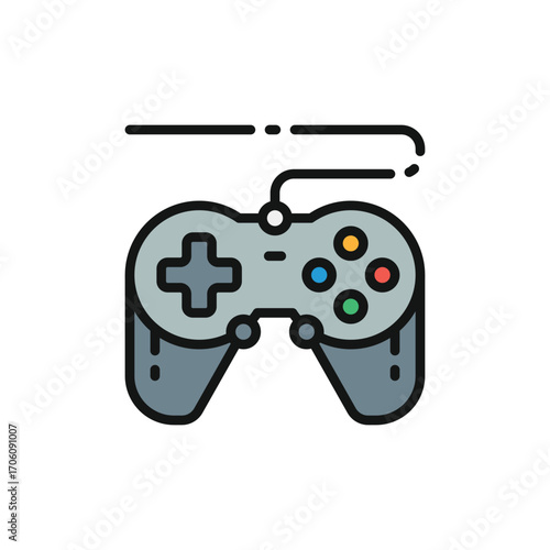 A stylized wired game controller with a directional pad buttons and grips