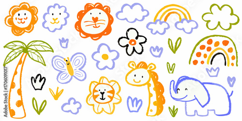 Cute hand drawn safari animals and elements for childrens designs