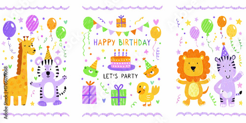 Cute cartoon animals celebrating a happy birthday with cake balloons and gifts