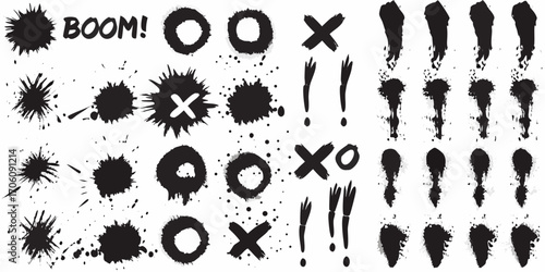 Collection of black ink splatter shapes and symbols including boom exclamation points and x o marks