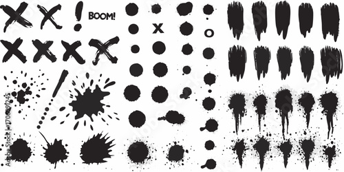 Collection of black ink splatter and brush stroke elements for design projects