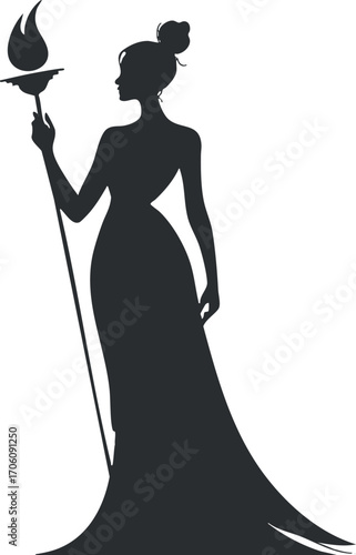 Elegant silhouette of a woman holding a torch, symbolizing inspiration and celebration.