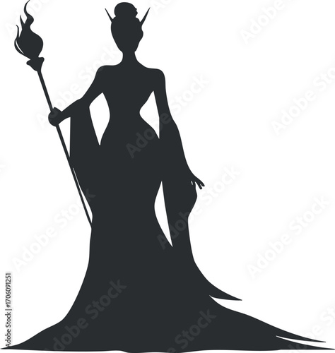 Silhouette of a witch holding a staff, representing magic and fantasy themes.