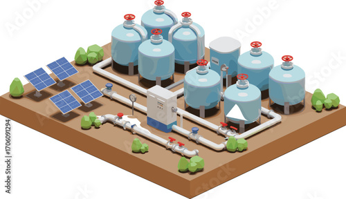 Isometric clean water system, solar-powered treatment plant, eco-friendly technology, industrial filtration tanks, sustainable energy solution, 3D illustration concept.