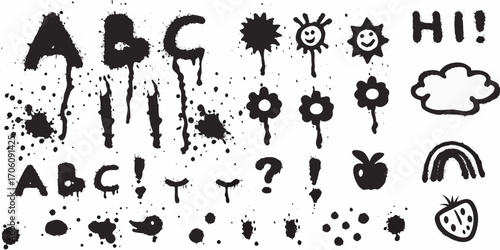 Hand drawn black ink splatter alphabet letters and cute childish doodles on white background