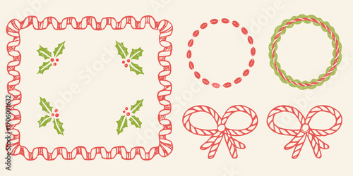 Hand drawn christmas elements featuring holly leaves candy cane borders wreaths and bows